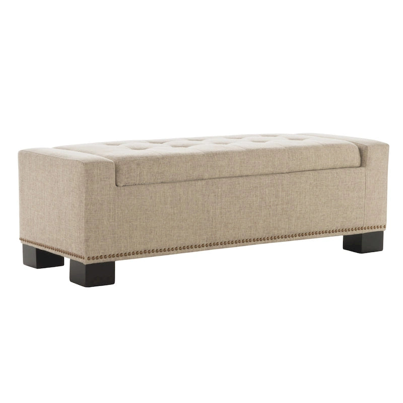 Banc de rangement ottoman Abigail, garniture cloutée, tissu blé, 130 cm