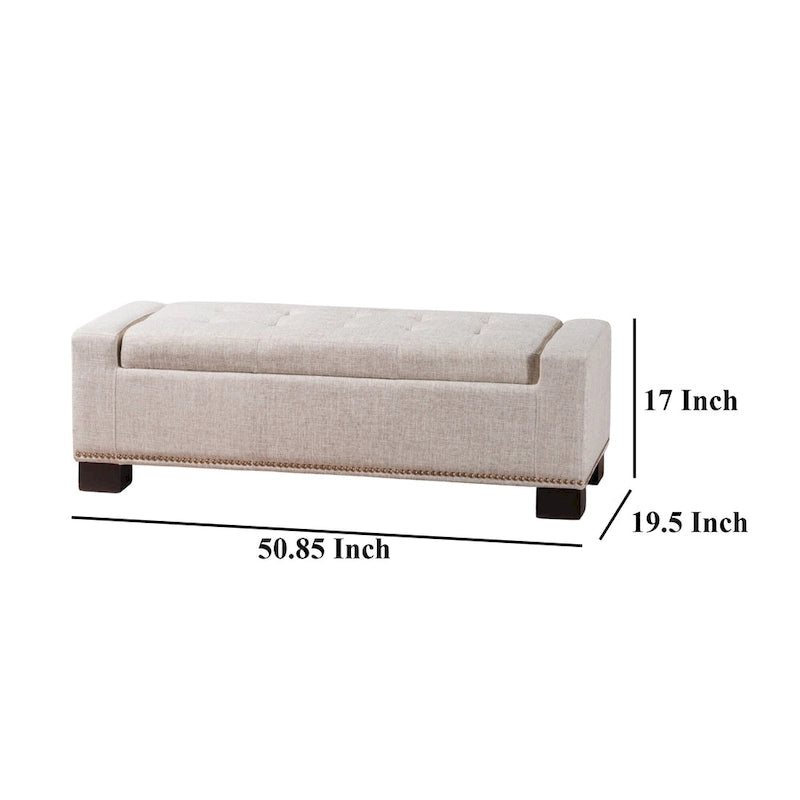 Banc de rangement ottoman Abigail, garniture cloutée, tissu blé, 130 cm