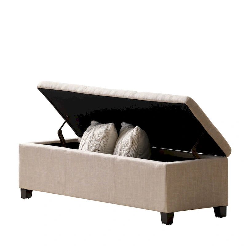 Banc ottoman de rangement Elias, similicuir beige détaillé, 51 pouces