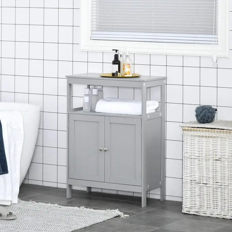 Freestanding Modern Bathroom Storage Cabinet, with Doors and Open Shelf - 11.75D x 23.5W x 32.25H