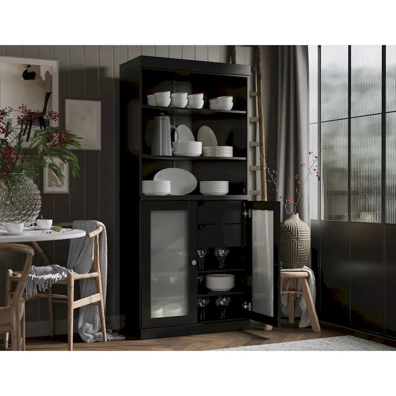 Palace Imports Armoire de cuisine 100 % en bois massif avec portes en verre dépoli, 2 tiroirs et étagères réglables – 32 x 71,5