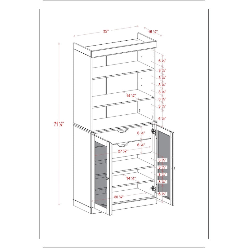 Palace Imports Armoire de cuisine 100 % en bois massif avec portes en verre dépoli, 2 tiroirs et étagères réglables – 32 x 71,5