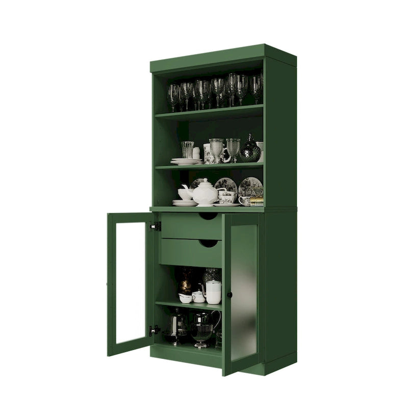 Palace Imports Armoire de cuisine 100 % en bois massif avec portes en verre dépoli, 2 tiroirs et étagères réglables – 32 x 71,5