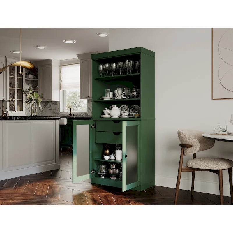 Palace Imports Armoire de cuisine 100 % en bois massif avec portes en verre dépoli, 2 tiroirs et étagères réglables – 32 x 71,5