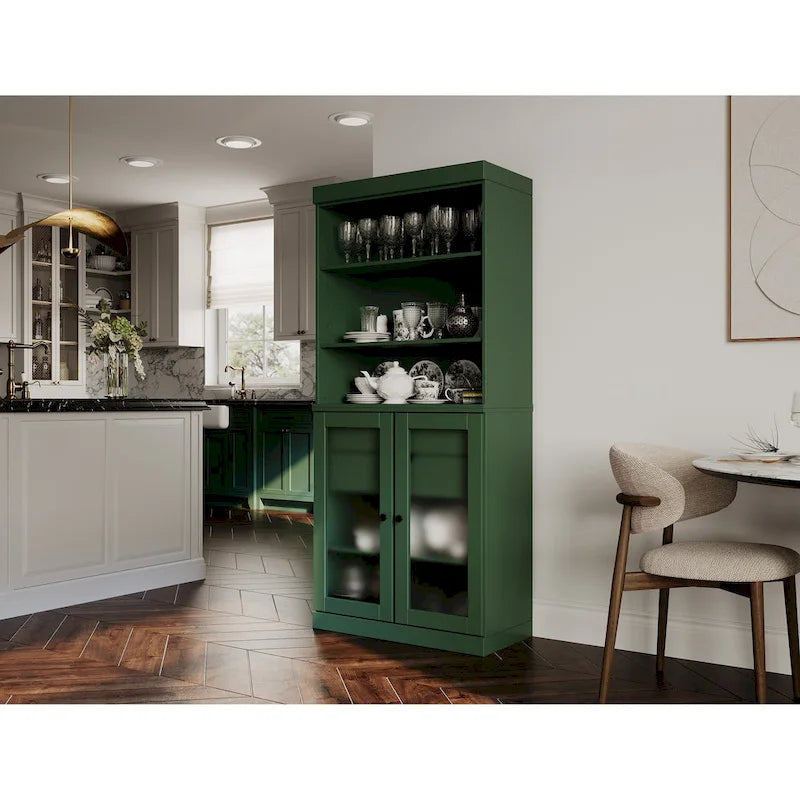 Palace Imports Armoire de cuisine 100 % en bois massif avec portes en verre dépoli, 2 tiroirs et étagères réglables – 32 x 71,5
