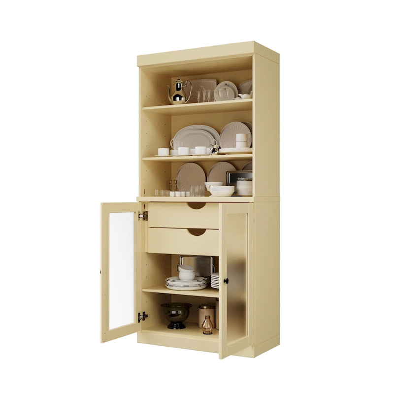 Palace Imports Armoire de cuisine 100 % en bois massif avec portes en verre dépoli, 2 tiroirs et étagères réglables – 32 x 71,5