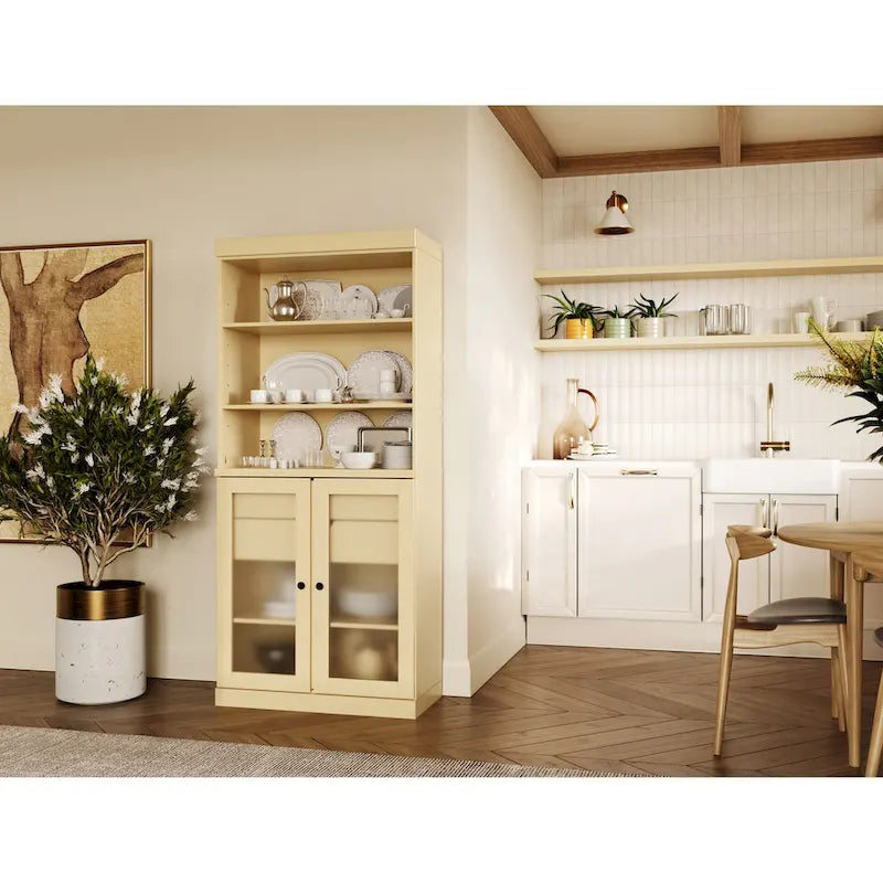 Palace Imports Armoire de cuisine 100 % en bois massif avec portes en verre dépoli, 2 tiroirs et étagères réglables – 32 x 71,5