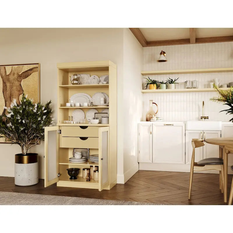 Palace Imports Armoire de cuisine 100 % en bois massif avec portes en verre dépoli, 2 tiroirs et étagères réglables – 32 x 71,5