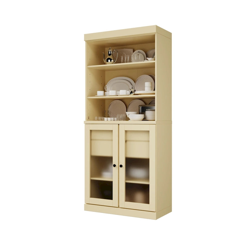 Palace Imports Armoire de cuisine 100 % en bois massif avec portes en verre dépoli, 2 tiroirs et étagères réglables – 32 x 71,5