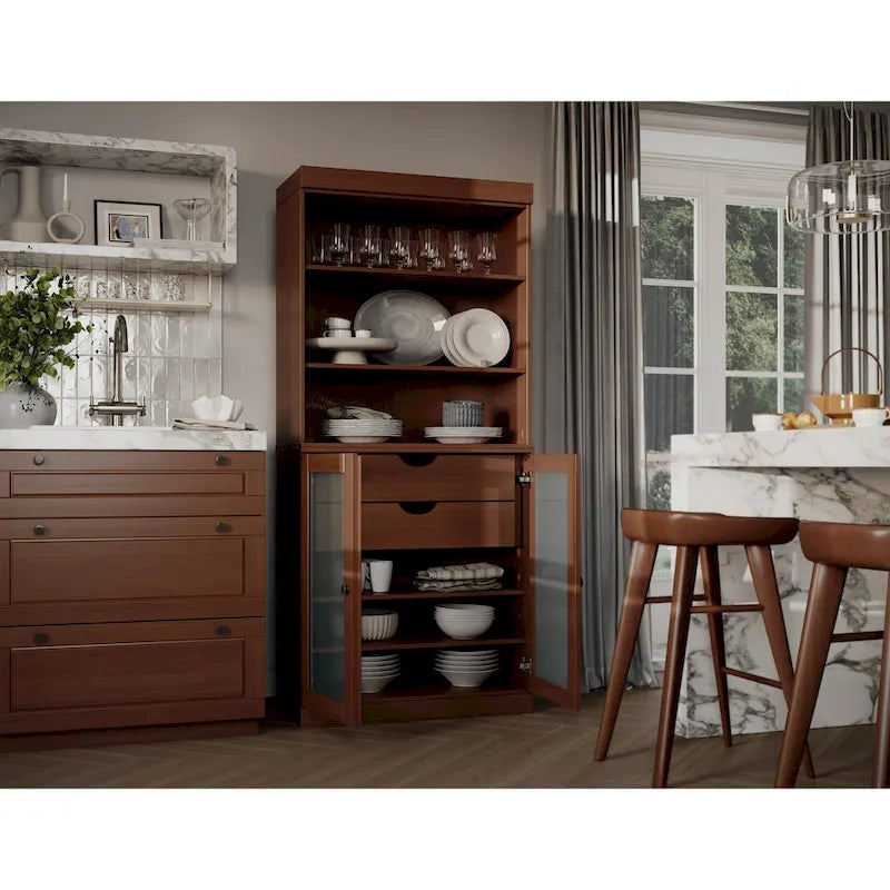 Palace Imports Armoire de cuisine 100 % en bois massif avec portes en verre dépoli, 2 tiroirs et étagères réglables – 32 x 71,5