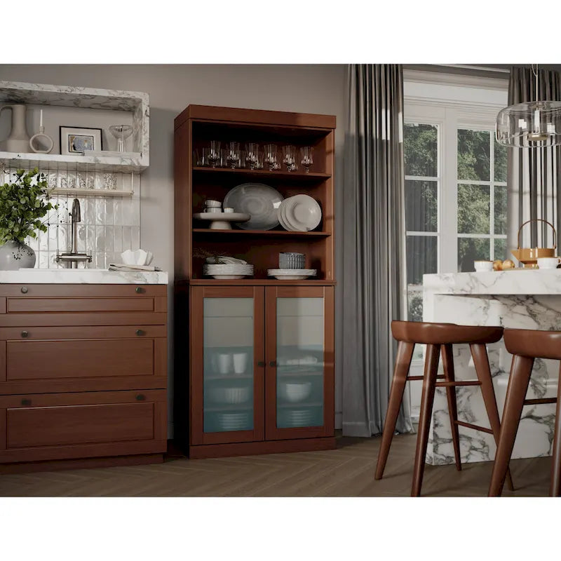 Palace Imports Armoire de cuisine 100 % en bois massif avec portes en verre dépoli, 2 tiroirs et étagères réglables – 32 x 71,5