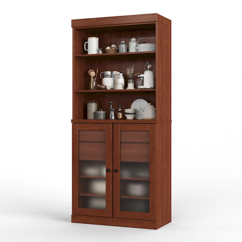 Palace Imports Armoire de cuisine 100 % en bois massif avec portes en verre dépoli, 2 tiroirs et étagères réglables – 32 x 71,5