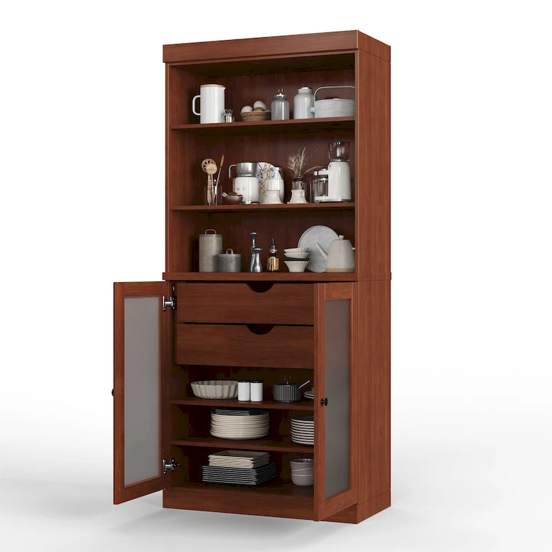 Palace Imports Armoire de cuisine 100 % en bois massif avec portes en verre dépoli, 2 tiroirs et étagères réglables – 32 x 71,5