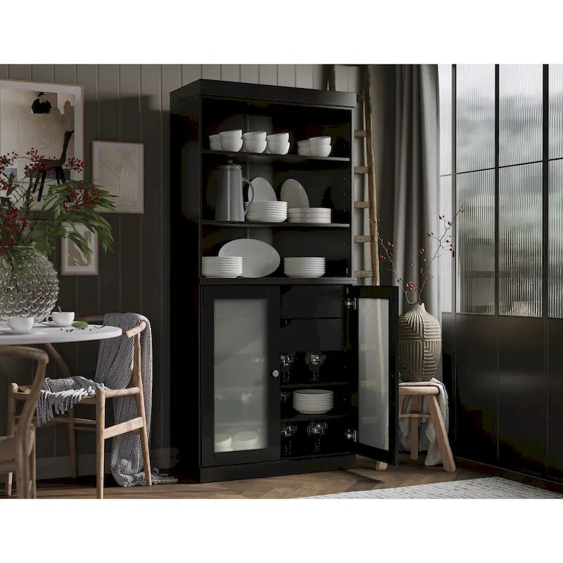 Palace Imports Armoire de cuisine 100 % en bois massif avec portes en verre dépoli, 2 tiroirs et étagères réglables – 32 x 71,5