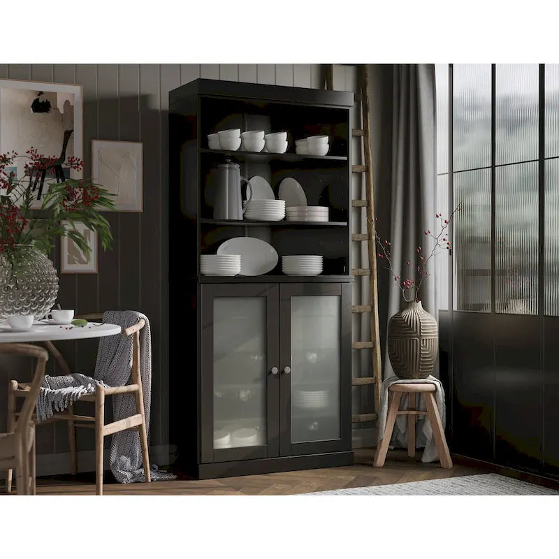 Palace Imports Armoire de cuisine 100 % en bois massif avec portes en verre dépoli, 2 tiroirs et étagères réglables – 32 x 71,5