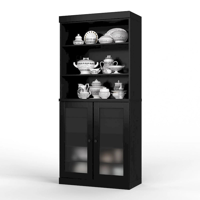 Palace Imports Armoire de cuisine 100 % en bois massif avec portes en verre dépoli, 2 tiroirs et étagères réglables – 32 x 71,5