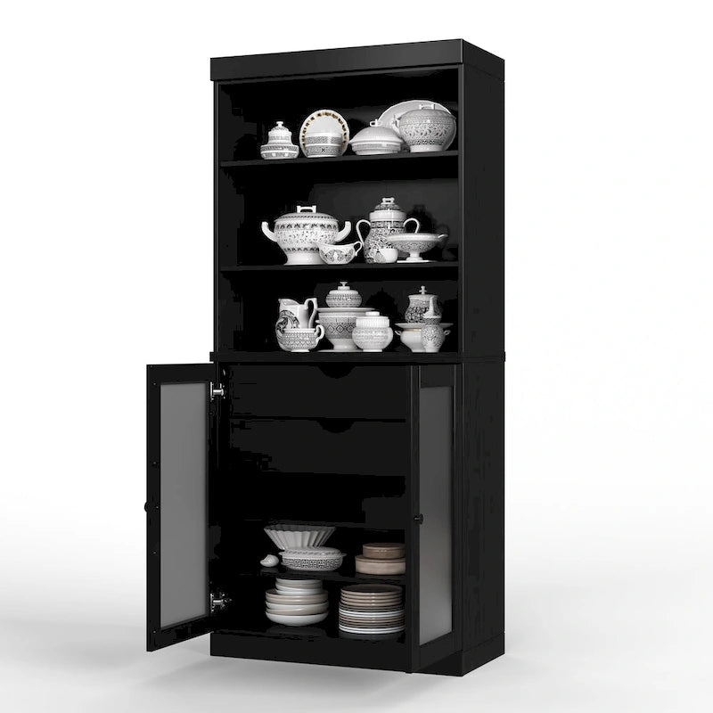 Palace Imports Armoire de cuisine 100 % en bois massif avec portes en verre dépoli, 2 tiroirs et étagères réglables – 32 x 71,5