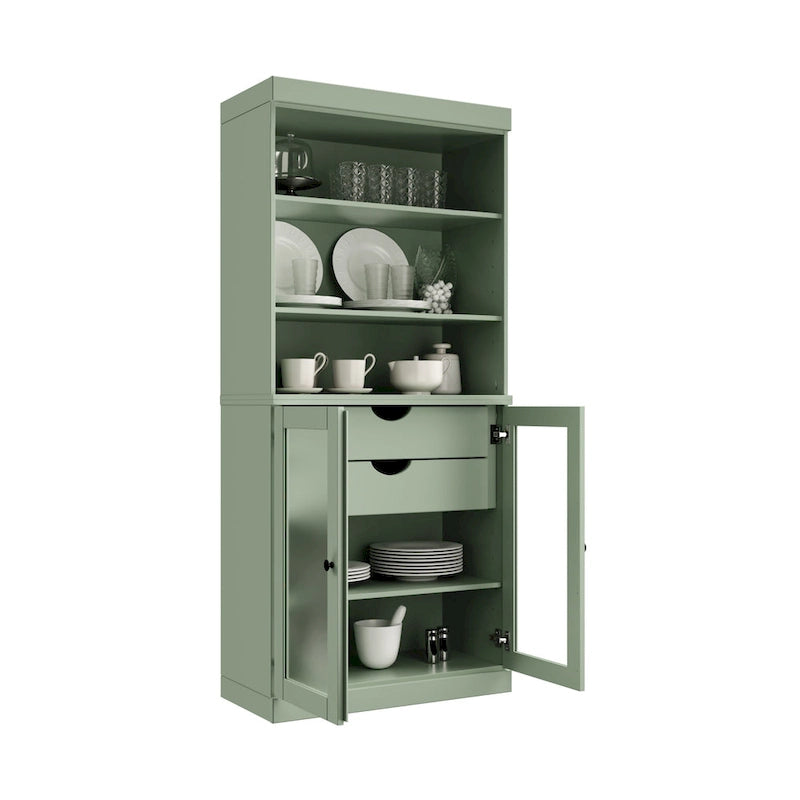 Palace Imports Armoire de cuisine 100 % en bois massif avec portes en verre dépoli, 2 tiroirs et étagères réglables – 32 x 71,5