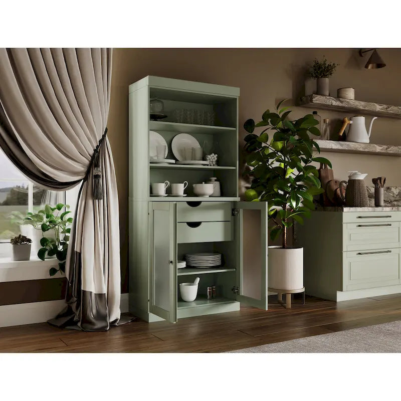 Palace Imports Armoire de cuisine 100 % en bois massif avec portes en verre dépoli, 2 tiroirs et étagères réglables – 32 x 71,5