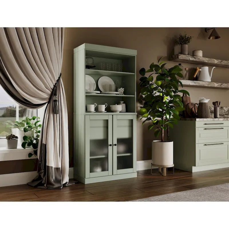 Palace Imports Armoire de cuisine 100 % en bois massif avec portes en verre dépoli, 2 tiroirs et étagères réglables – 32 x 71,5