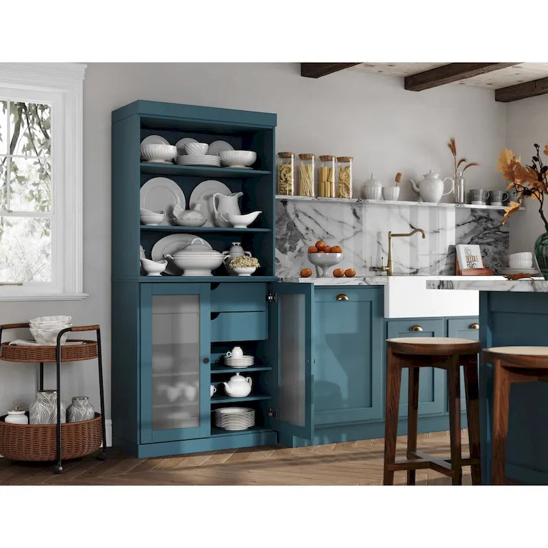Palace Imports Armoire de cuisine 100 % en bois massif avec portes en verre dépoli, 2 tiroirs et étagères réglables – 32 x 71,5