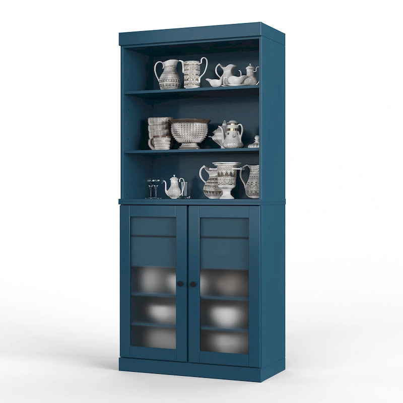 Palace Imports Armoire de cuisine 100 % en bois massif avec portes en verre dépoli, 2 tiroirs et étagères réglables – 32 x 71,5