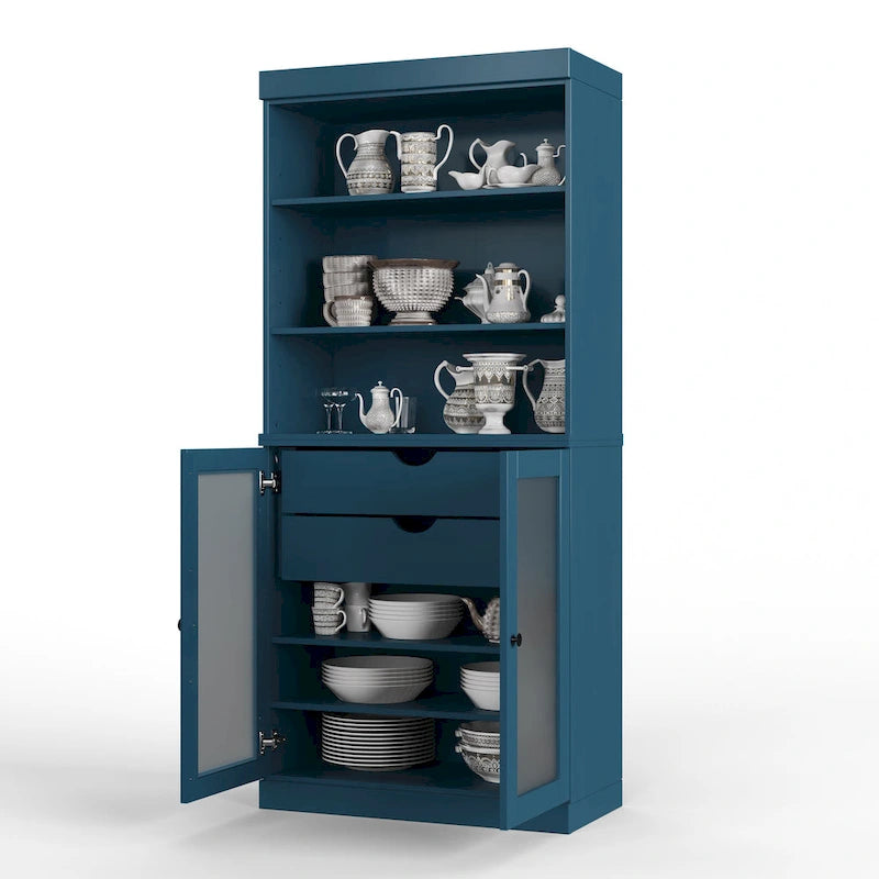 Palace Imports Armoire de cuisine 100 % en bois massif avec portes en verre dépoli, 2 tiroirs et étagères réglables – 32 x 71,5