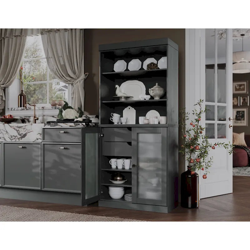 Palace Imports Armoire de cuisine 100 % en bois massif avec portes en verre dépoli, 2 tiroirs et étagères réglables – 32 x 71,5