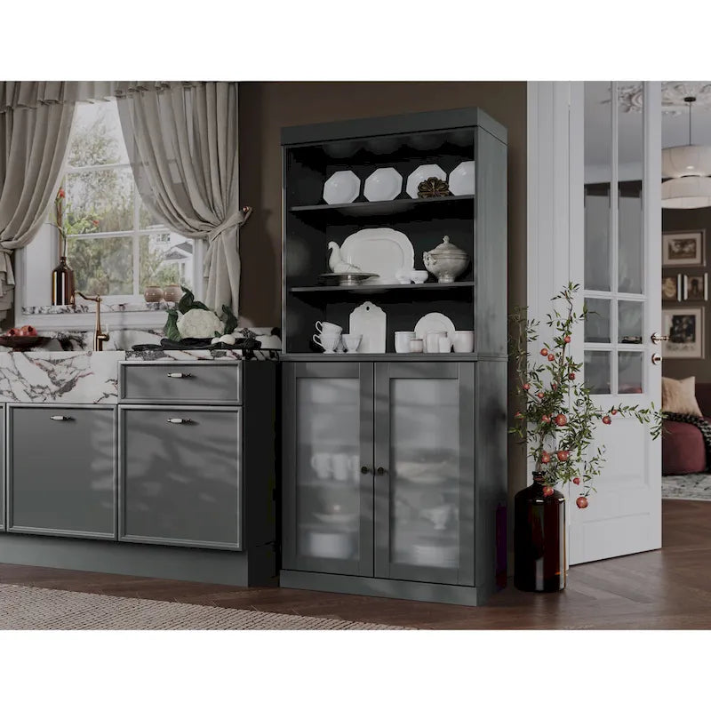 Palace Imports Armoire de cuisine 100 % en bois massif avec portes en verre dépoli, 2 tiroirs et étagères réglables – 32 x 71,5