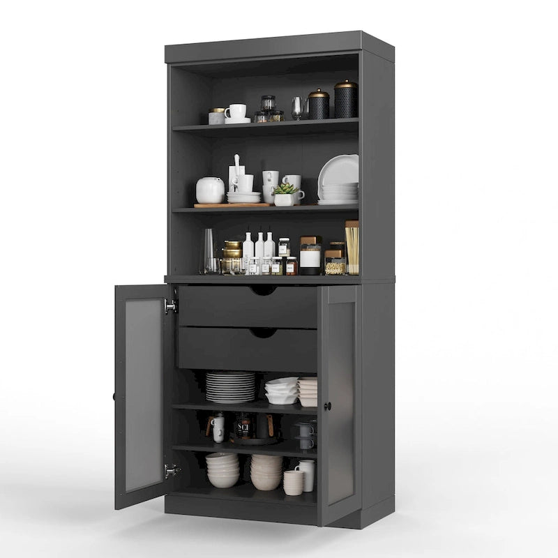 Palace Imports Armoire de cuisine 100 % en bois massif avec portes en verre dépoli, 2 tiroirs et étagères réglables – 32 x 71,5