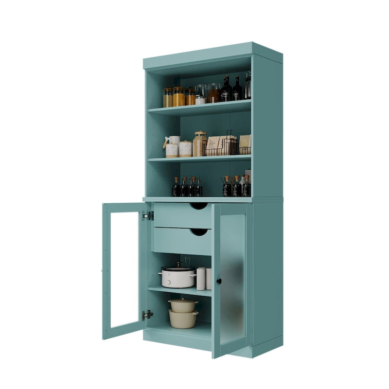 Palace Imports Armoire de cuisine 100 % en bois massif avec portes en verre dépoli, 2 tiroirs et étagères réglables – 32 x 71,5