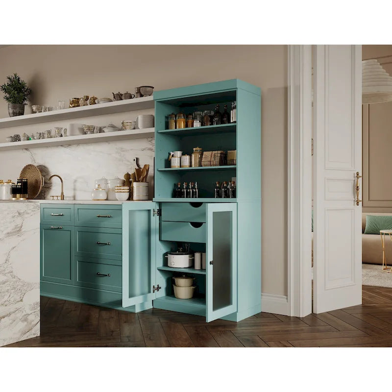 Palace Imports Armoire de cuisine 100 % en bois massif avec portes en verre dépoli, 2 tiroirs et étagères réglables – 32 x 71,5