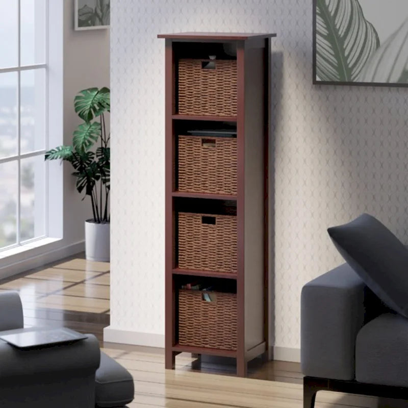 Étagère de rangement 5 pièces avec 4 paniers tissés pliables - 56 - Brun Noyer