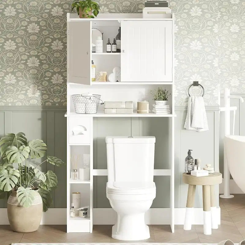Armoire de Rangement Double Porte pour Toilettes avec Étagères Ajustables, Organisateur de Salle de Bain, Porte-Papier Toilette