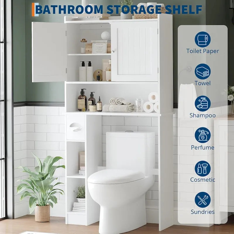 Armoire de Rangement Double Porte pour Toilettes avec Étagères Ajustables, Organisateur de Salle de Bain, Porte-Papier Toilette