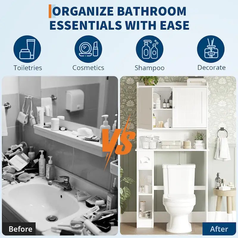 Armoire de Rangement Double Porte pour Toilettes avec Étagères Ajustables, Organisateur de Salle de Bain, Porte-Papier Toilette