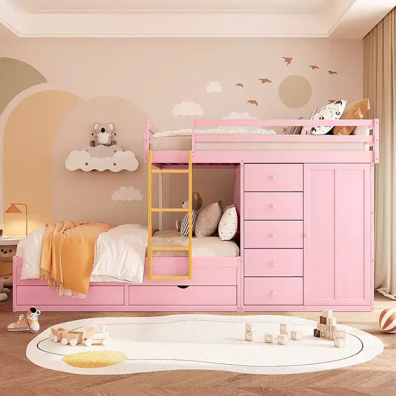 Lit superposé double sur double avec armoire de rangement et tiroirs, lit superposé double en bois peu encombrant avec garde-corps pour appartement, chambre à coucher