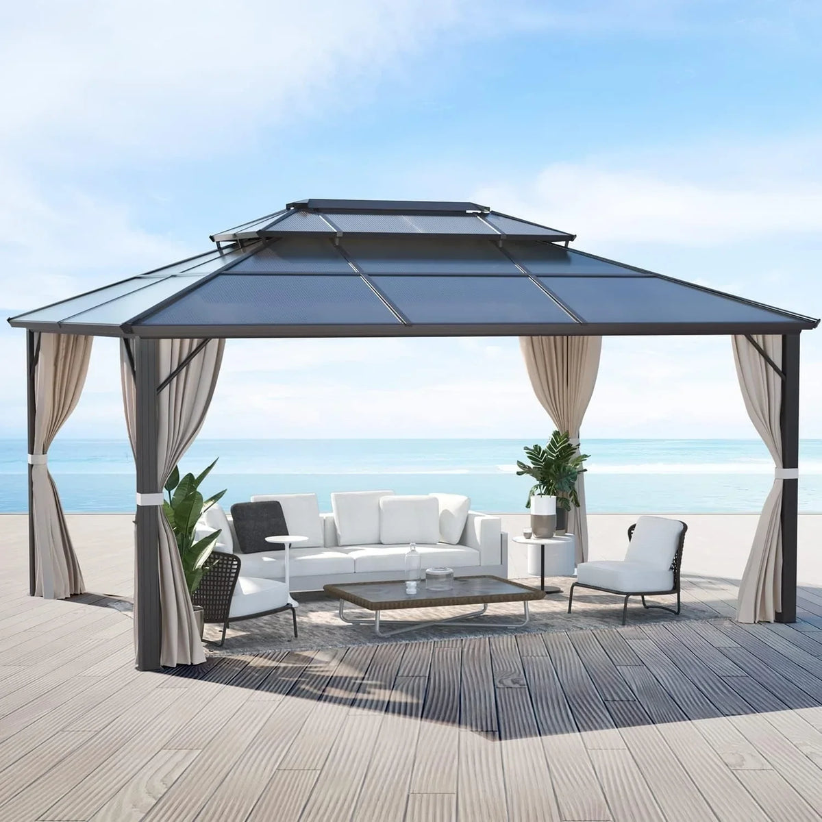 Tonnelle EROMMY à toit rigide, pergola extérieure avec double toit, moustiquaire et rideaux, auvent robuste pour patio, jardin, fête au bord de la piscine