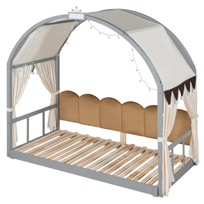 Lit cabane Montessori en bois massif avec plateforme, toit voûté et lit gigogne pour filles et garçons
