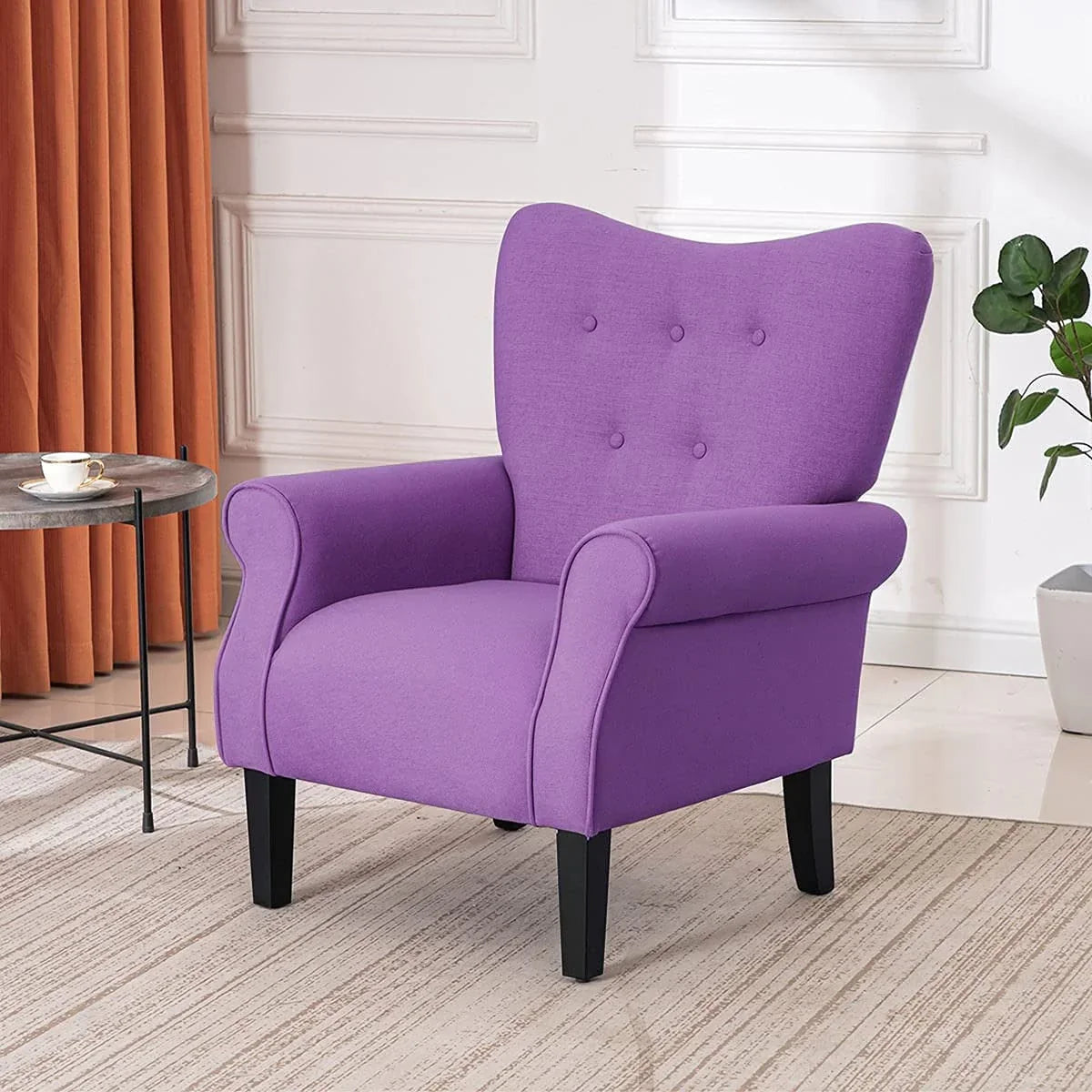 Fauteuil d'appoint moderne Erommy, fauteuil à dossier haut, canapé simple en tissu rembourré avec boutons et pieds en bois pour salon