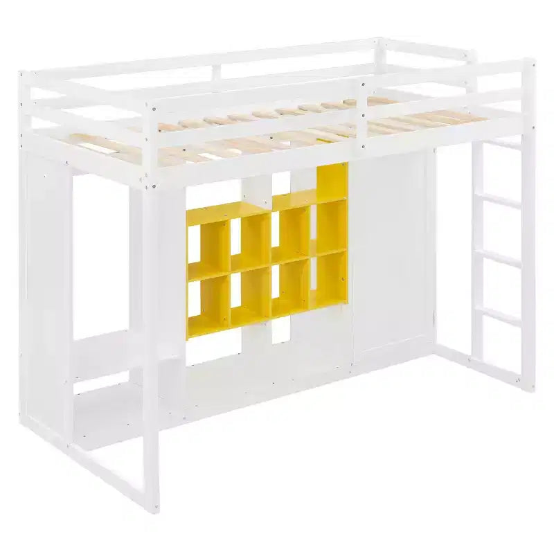 Lit mezzanine enfant avec armoire et étagères, Cadre de lit mezzanine en bois avec meuble de rangement pour enfants et adolescents