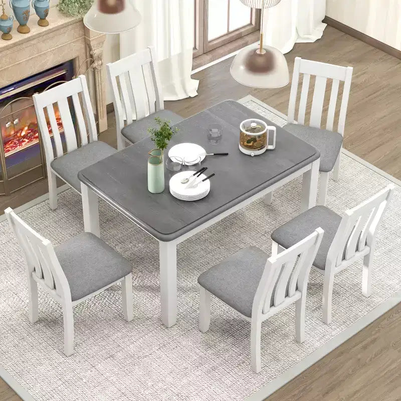 Ensemble de salle à manger extensible de style ferme pour 6 personnes, table rectangulaire et 6 chaises rembourrées