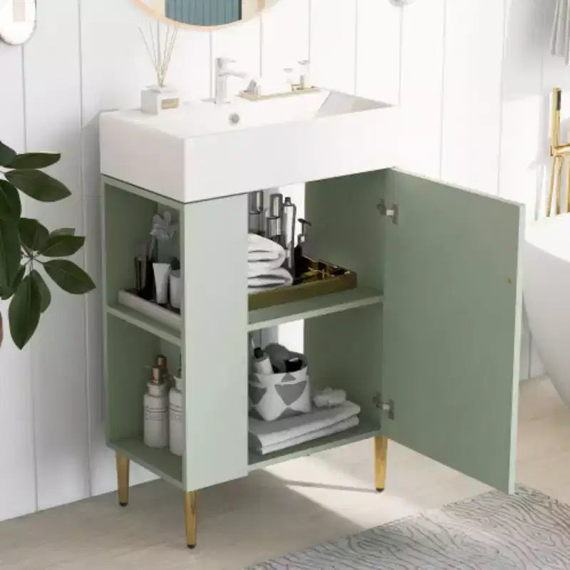 Meuble-lavabo de salle de bain blanc de 21,6 po, ensemble avec meuble de rangement, vasque en céramique simple, rangement à gauche