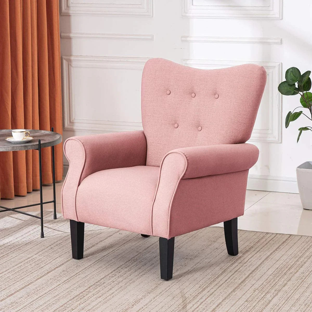 Fauteuil d'appoint moderne Erommy, fauteuil à dossier haut, canapé simple en tissu rembourré avec boutons et pieds en bois pour salon