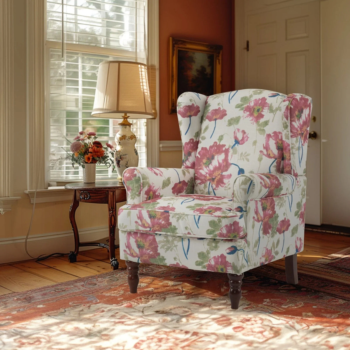 Fauteuil d'appoint moderne Erommy, fauteuil à dossier haut, canapé simple en tissu rembourré avec boutons et pieds en bois pour salon
