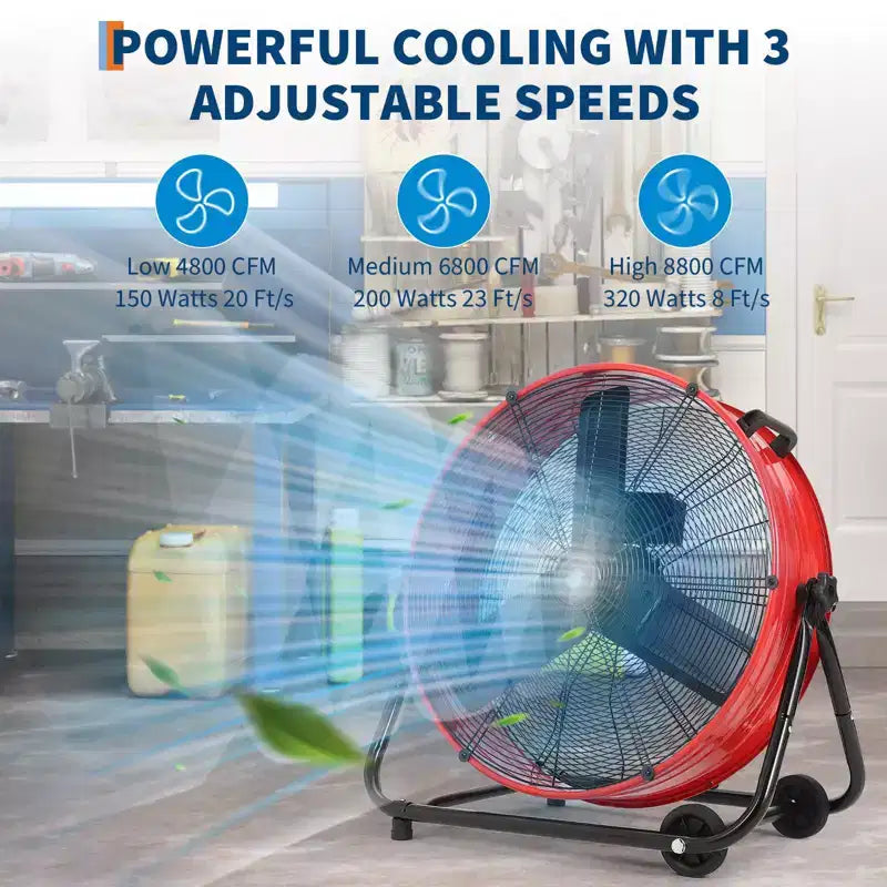 Ventilateur de sol, Ventilateur industriel - Ventilateur de tambour robuste de 24 pouces avec 4 vitesses, Circulateur d'air en métal pour entrepôt, atelier, garage, usine, sous-sol