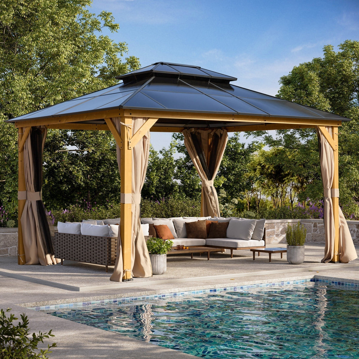 Tonnelle EROMMY à toit rigide, pergola extérieure avec double toit, moustiquaire et rideaux, auvent robuste pour patio, jardin, fête au bord de la piscine
