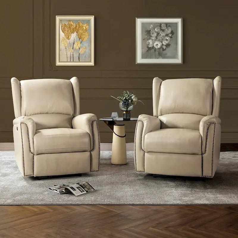 Fauteuil inclinable électrique en cuir véritable avec port USB – Ensemble de 2 fauteuils à oreilles cloutés