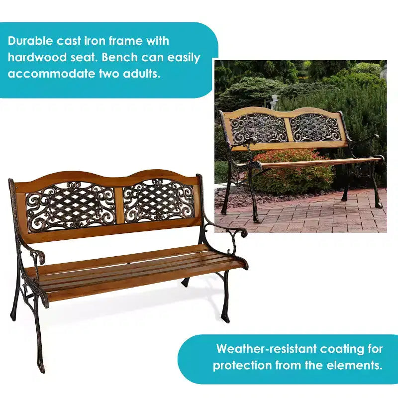 Banc de jardin extérieur Sunnydaze pour 2 personnes avec motif en lierre entrecroisé, en fonte et bois