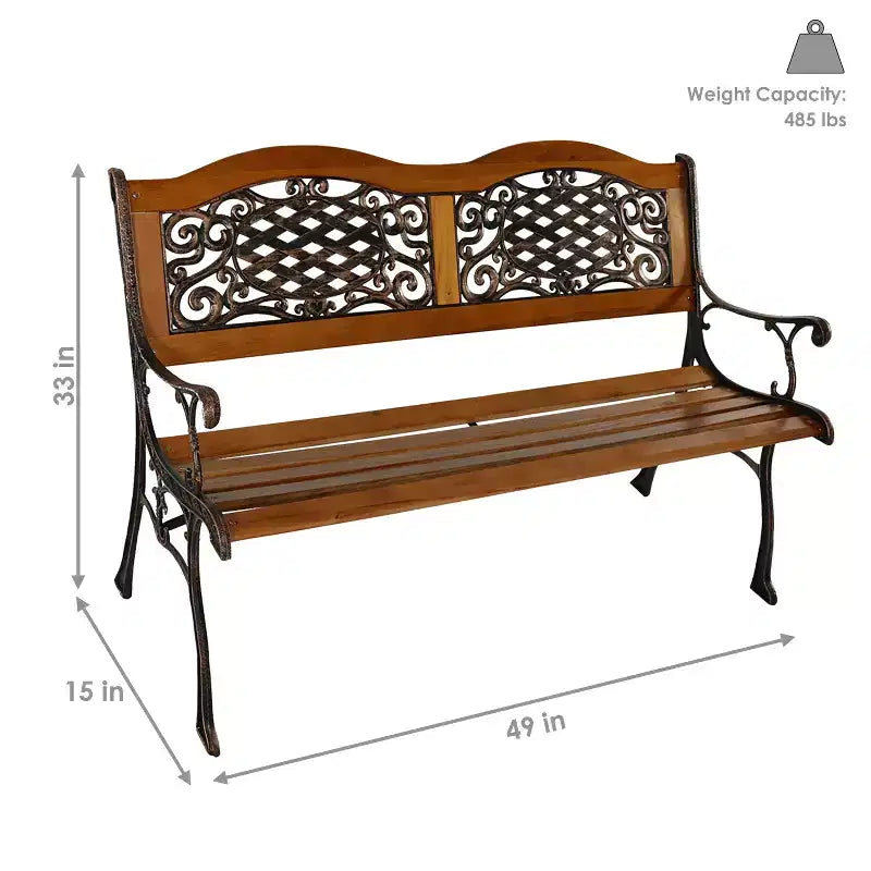 Banc de jardin extérieur Sunnydaze pour 2 personnes avec motif en lierre entrecroisé, en fonte et bois